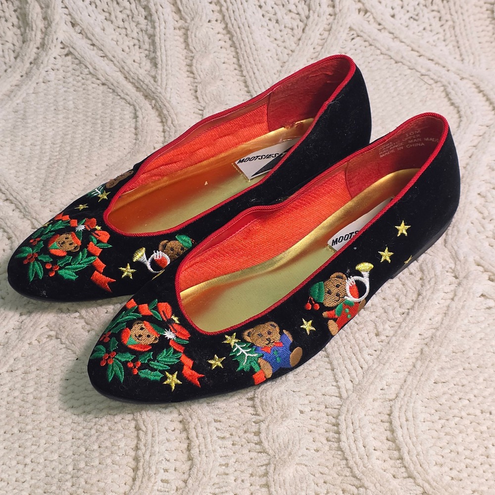 VTG Mootsies Tootsies Christmas Bear Velvet Ballet Flats Black Women 10M